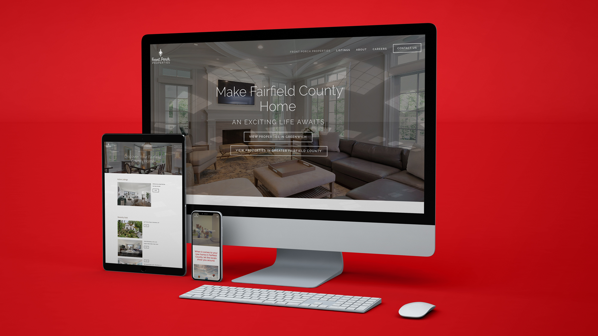 Front Porch responsive website shown on a desktop, tablet, and phone