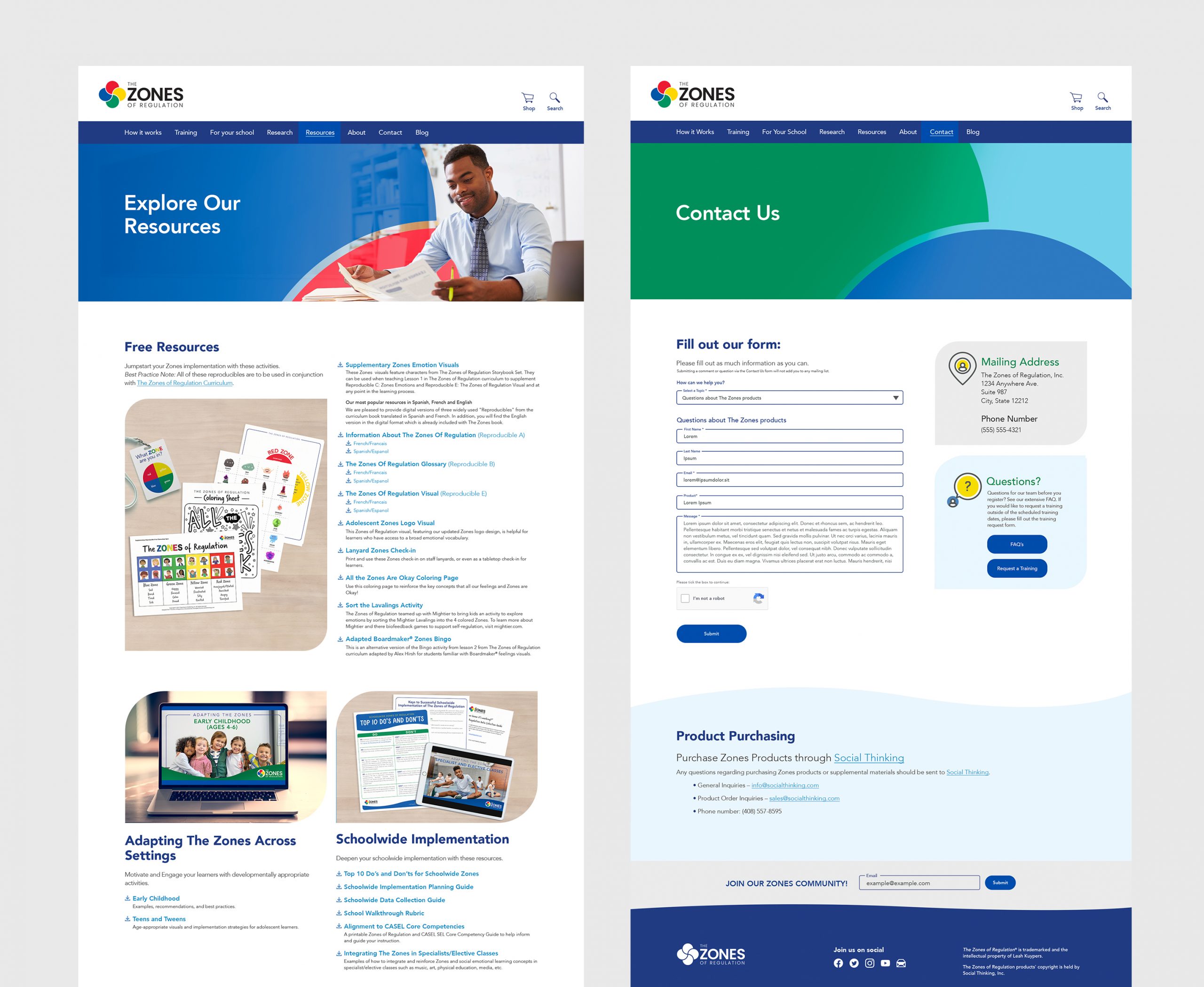 Zones of Regulation Resources and Contact Page Designs