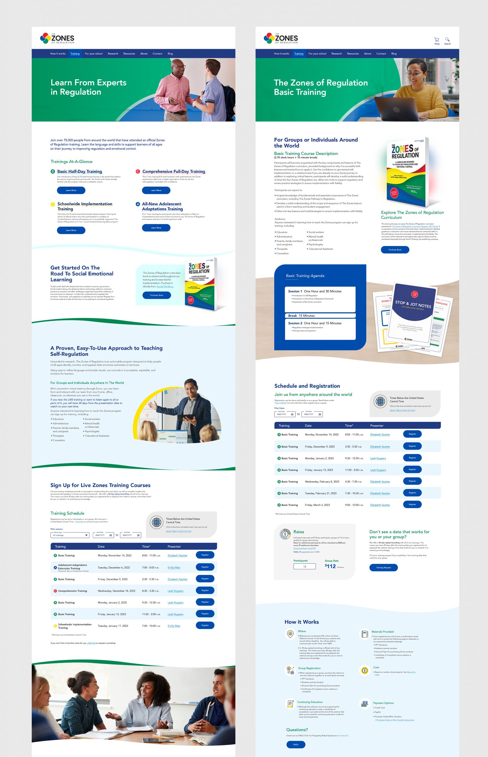 Zones of Regulation Training Overview and Basic Training page designs